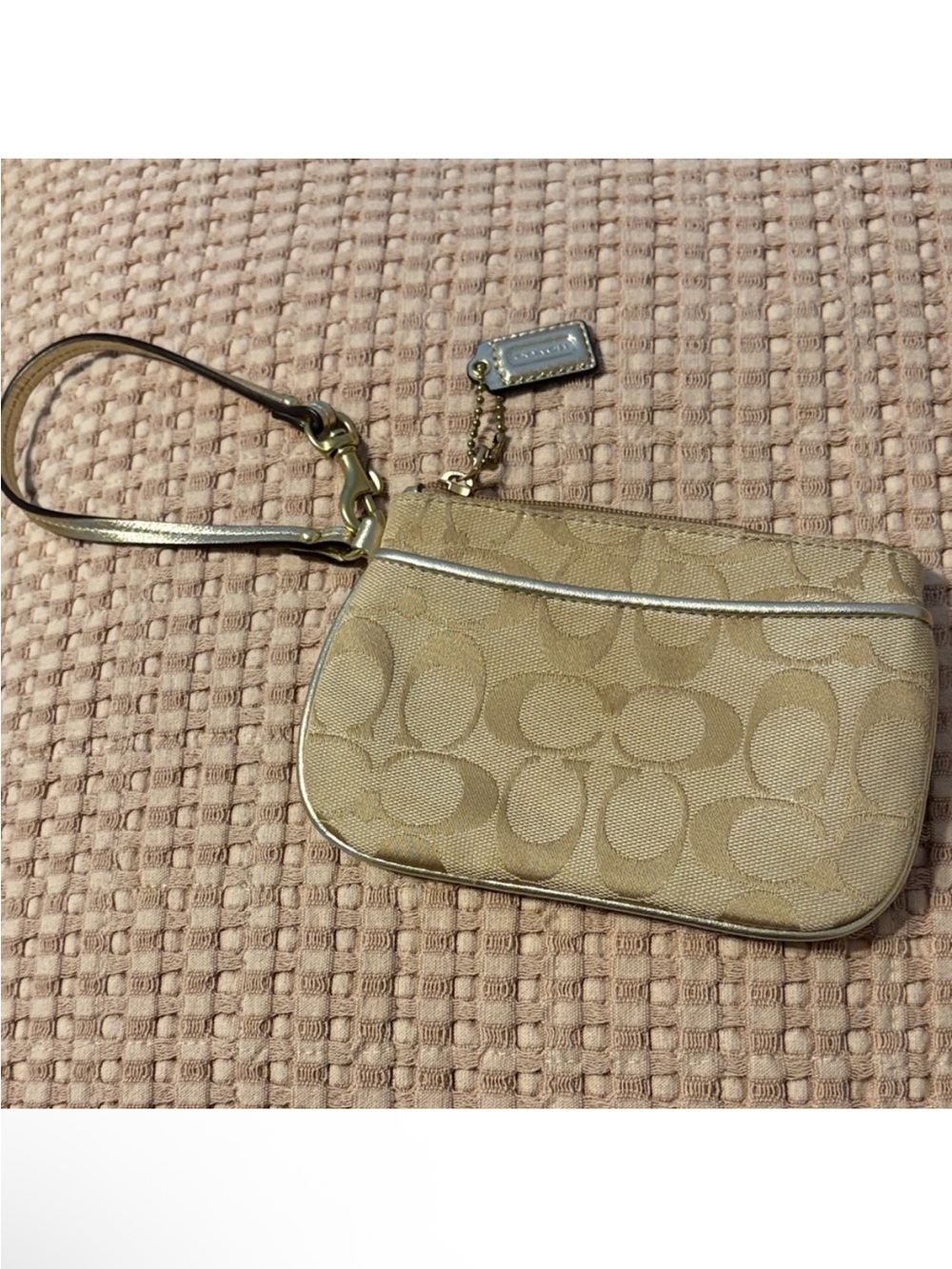 Coach Khaki and Metallic Gold Signature Canvas Wristlet